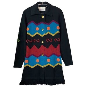 Steve Fabrikant Knit Wool Fringe Southwest Aztec Sweater Dress Black Size Small